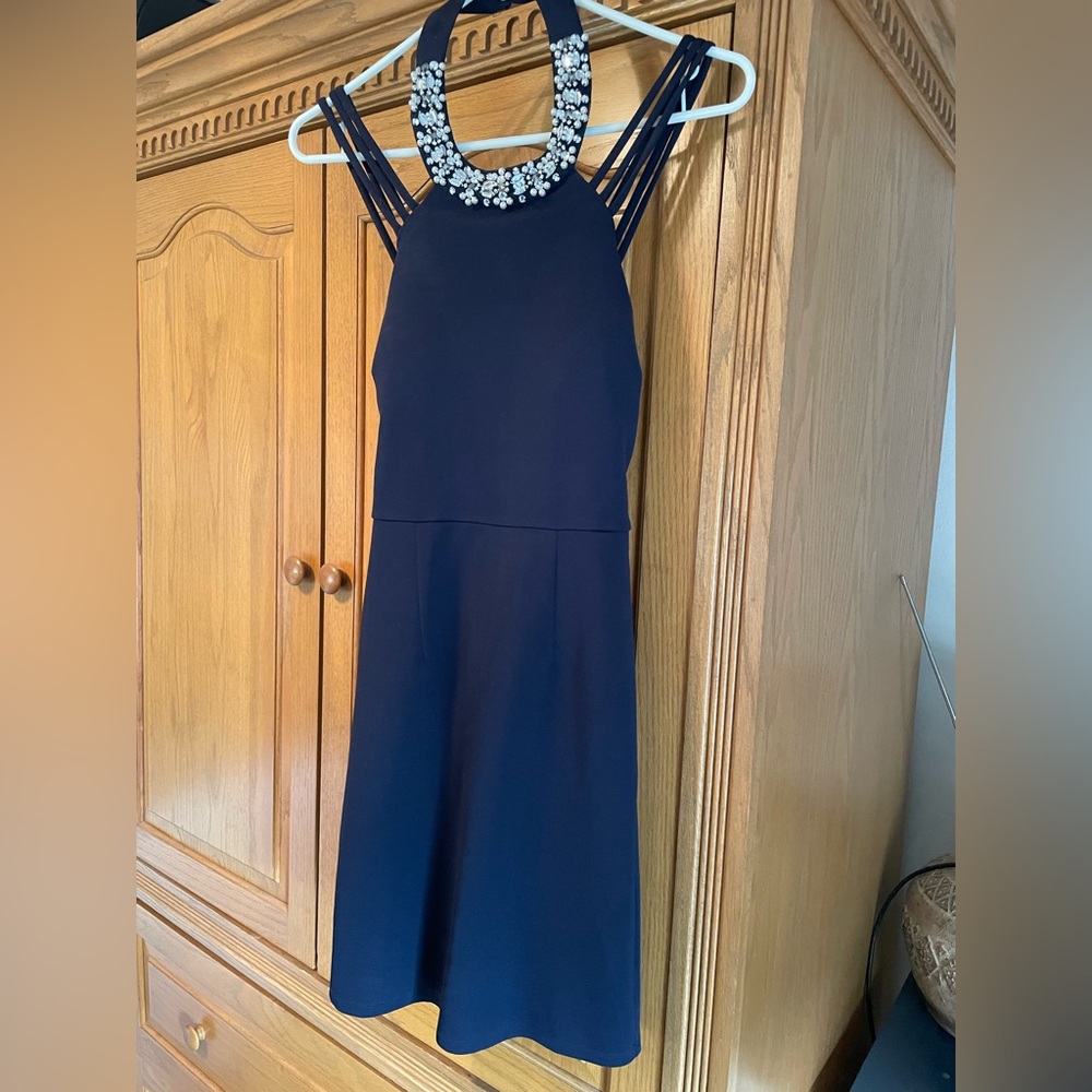 Speechless Navy Dress with Embellished Neckline